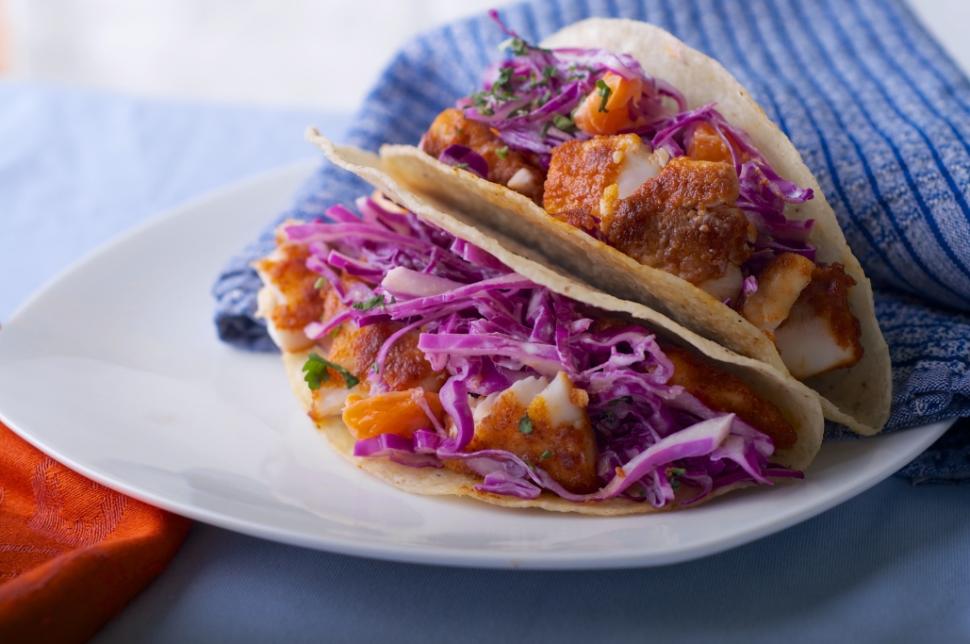 Chef Aaron Sanchez's fish tacos with cabbage and tangerine slaw.